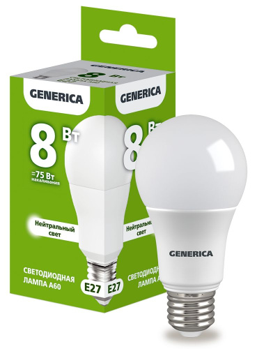 Лампа светодиодная   8Вт E27 A60 4000К (упак-100шт) GENERICA                                        