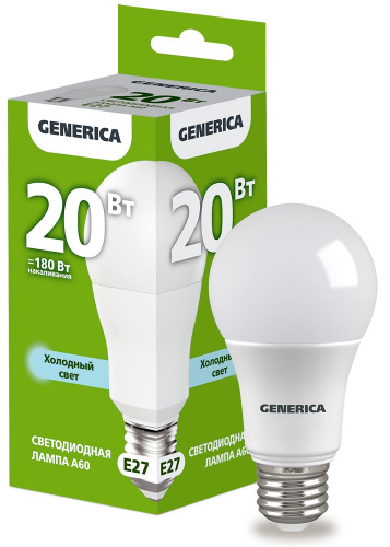 Лампа светодиодная  20Вт E27 A60 6500К (упак-100шт) GENERICA                                        