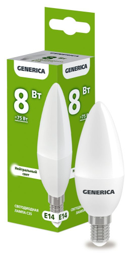 Лампа светодиодная   8Вт E14 C35 4000К свеча (упак-100шт) GENERICA                                        