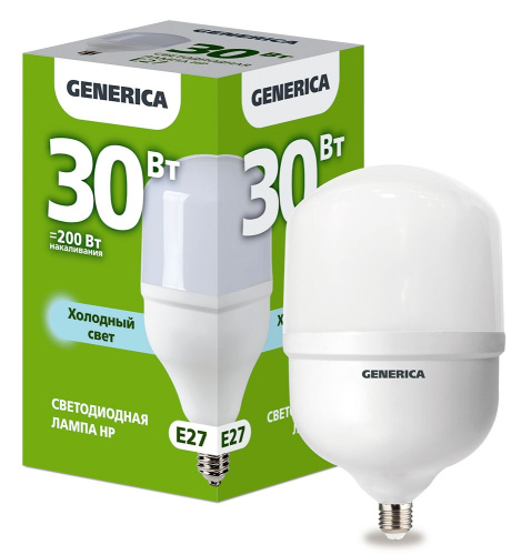 Лампа светодиодная  30Вт E27 HP 6500К (упак-25шт) GENERICA                                        