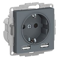 Розетка с/у AtlasDesign 1м с/з + 2 USB грифель IP20 механизм 16А SchE          