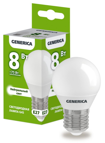 Лампа светодиодная   8Вт E27 G45 4000К шар (упак-100шт) GENERICA                                        