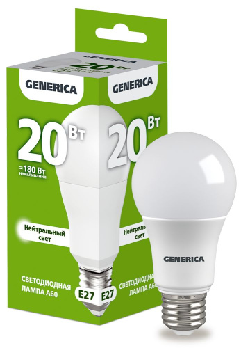 Лампа светодиодная  20Вт E27 A60 4000К (упак-100шт) GENERICA                                        