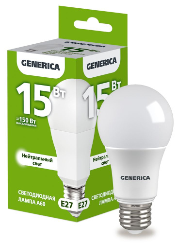 Лампа светодиодная  15Вт E27 A60 4000К (упак-100шт) GENERICA                                        