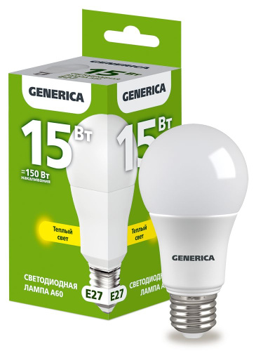 Лампа светодиодная  15Вт E27 A60 3000К GENERICA                                        