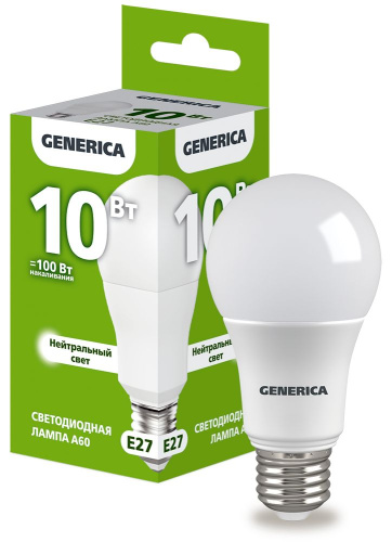 Лампа светодиодная  10Вт E27 A60 4000К (упак-100шт) GENERICA                                        