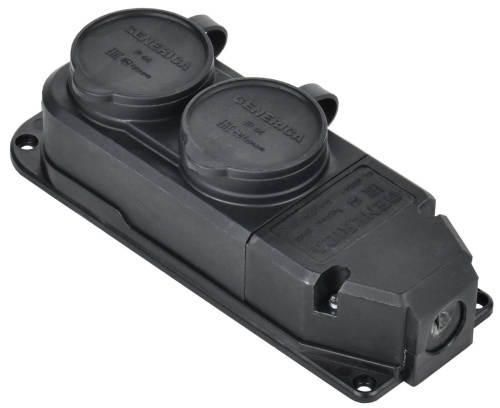 Розетка (колодка) двухместная с защитной крышкой 16А IP44 каучук черная GENERICA                                        