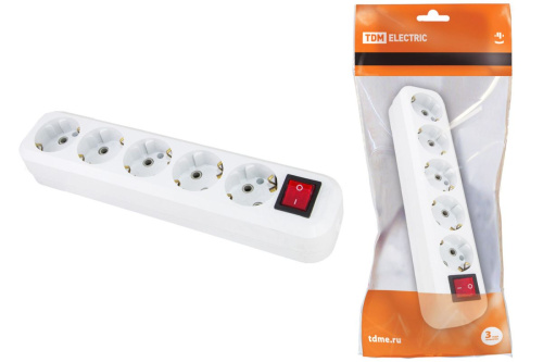 Колодка розеточная 5 гнезд 2П+3 16А 250В с выключателем белая ТДМ                                        
