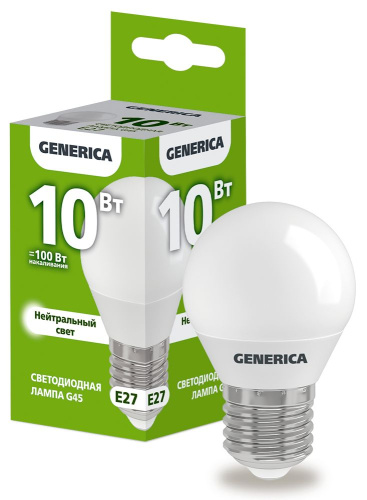 Лампа светодиодная  10Вт E27 G45 4000К шар (упак-100шт) GENERICA                                        